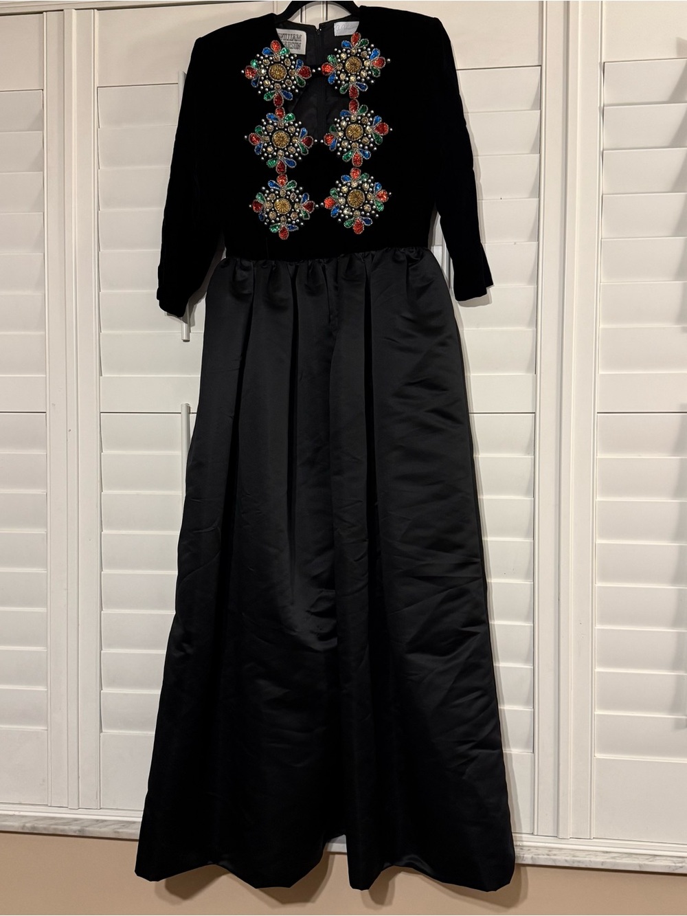 William Pearson 1980s Black Long Sleeve Maxi Dress with Beaded Embellishment VTG